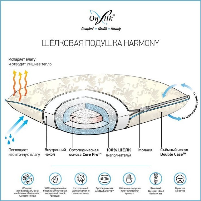 Шелковая подушка "Harmony" XS-поддержка низкая; средней упругости 50х70